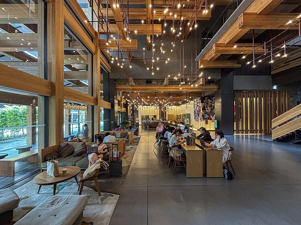 Inside the lobby of Ace Hotel Kyoto.